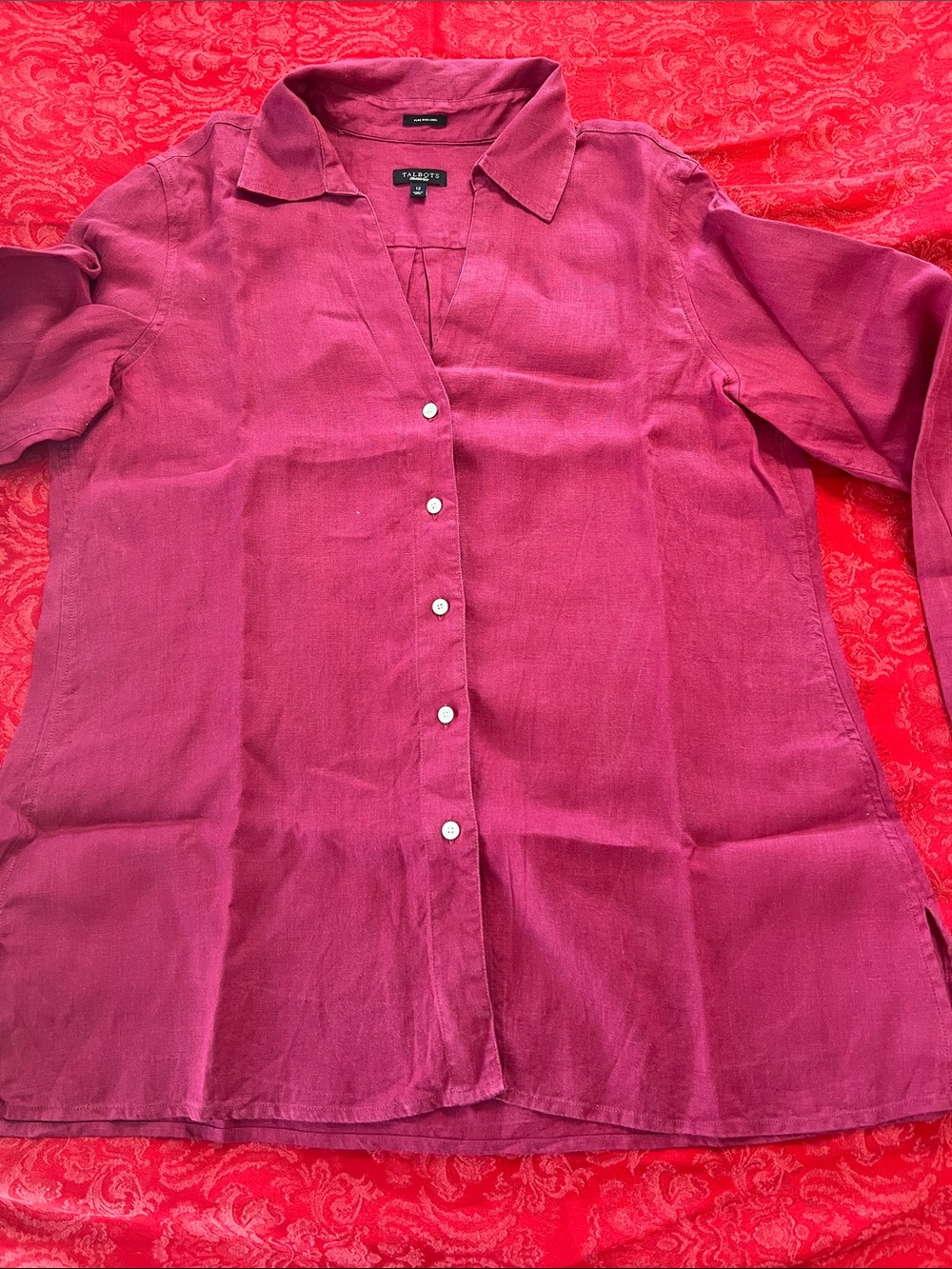 Talbots Pure Irish Linen Button Front Shirt Women’s 12 Burgundy Long Sleeve